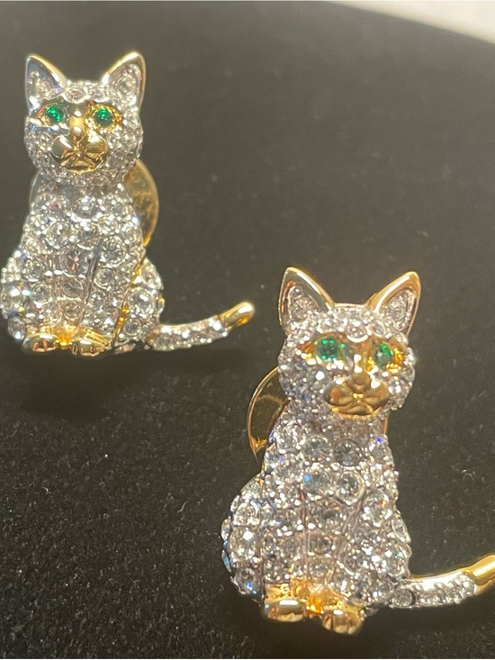 Swarovski Jewelry - Swarovski Crystal Cat Brooches with Clear Crystals and Green Eyes